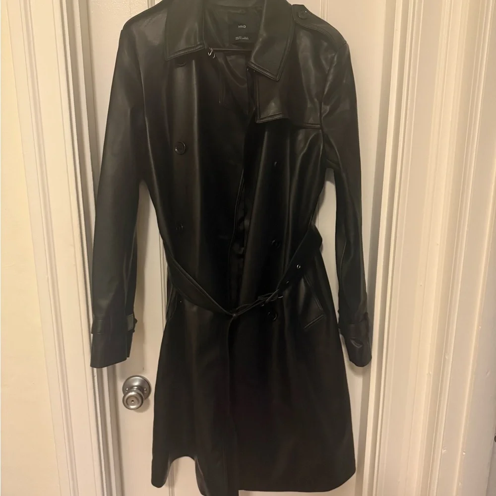 Mango Faux Leather Mid-Length Black Women's Trench Coat - Picture 5 of 7